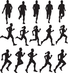 A dynamic vector art set of silhouettes showcasing male and female runners mid-sprint, designed to convey the energy and motion of athletes in a race