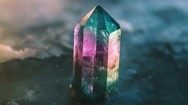 A single zoisite crystal with a green to pink color and a vitreous luster. The crystal is prismatic in shape, with smooth surfaces and sharp edges. The background is soft