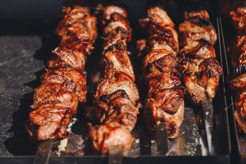grilled shish kebab on skewers, close-up view, fried meat, delicious food