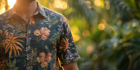 Fototapeta premium a man wearing a floral shirt standing in a tropical forest with trees and plants 