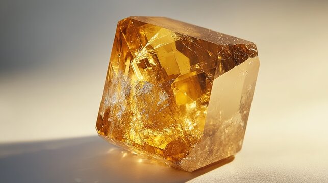 A single bromargyrite crystal with a transparent to yellow color and a resinous luster. The crystal is cubic in shape, with smooth surfaces and sharp edges. The background is neutral