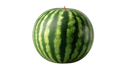 Fresh whole watermelon isolated on a transparent background, perfect for summer-themed designs, food blogs, and healthy lifestyle projects. High-quality PNG format.