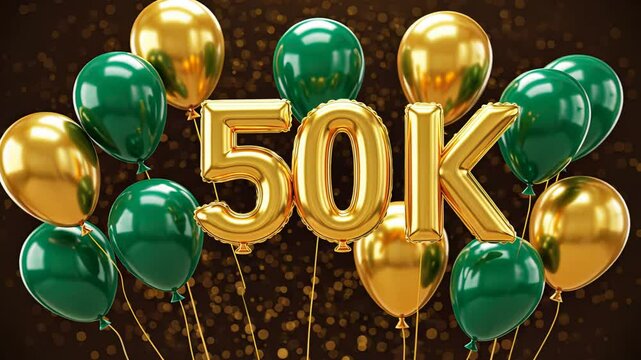 Celebratory 50k gold balloon animation with green and gold balloons
