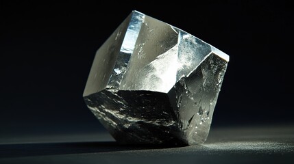 A single iridium crystal with a silvery-white color and a metallic luster. The crystal is cubic in shape, with smooth surfaces and sharp edges. The background is dark