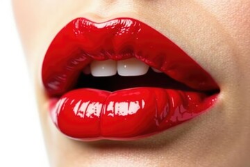 Obraz premium Close-up vibrant red lips isolated on pure white , glossy, image, isolated