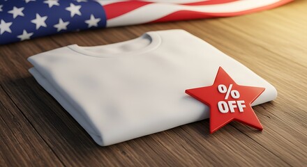 Fototapeta premium Folded White T-Shirt Displaying Percent Off Star on Rustic Wood Table with Blurry American Flag Backdrop, Warm Lighting, Patriotism-Themed Sale