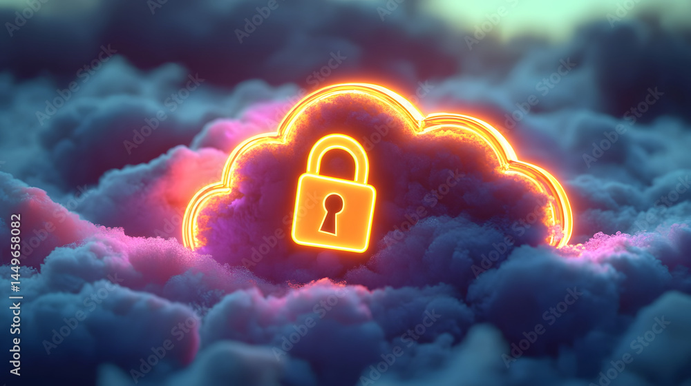 Poster abstract illustration of cloud security services, stylized cloud icon integrated with a secure padlo
