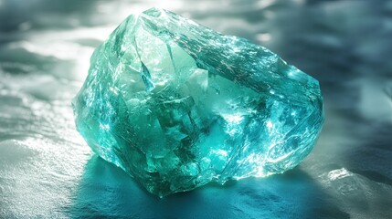 Fototapeta premium A single allophane mineral with a blue to green color and a vitreous luster. The mineral has an amorphous structure, with smooth surfaces and fine particles. The background is soft