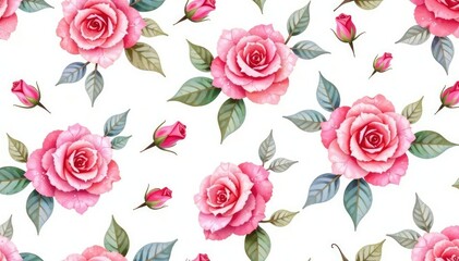 Delicate watercolor roses, swirling leaves, seamless repeat, background, flower, white