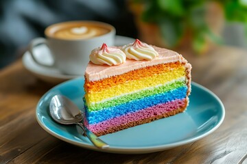Delightful rainbow cake slice a vibrant treat on a teal plate next to a latte soft lighting blurred background