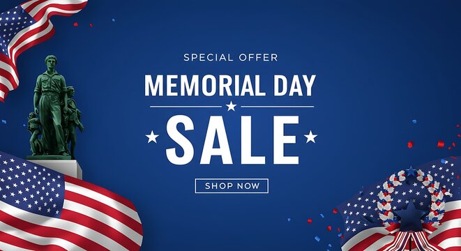 Memorial Day Sale Featuring Bronze Statue, US Flags, and Confetti on Patriotic Blue Backdrop, Offering Special Deals and Inviting Customers to Shop Now for Holiday Savings. - Powered by Adobe