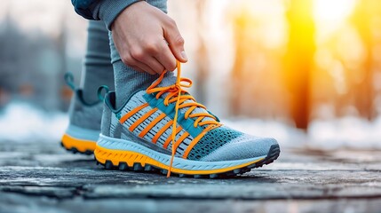 Tying running shoes outdoors