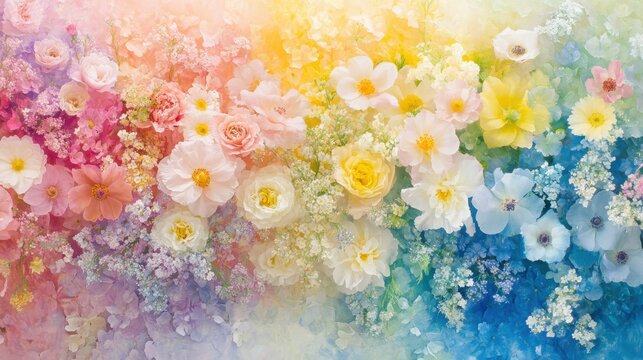 Rainbow Pastel Flower Arrangement Vibrant Floral Wall - Powered by Adobe