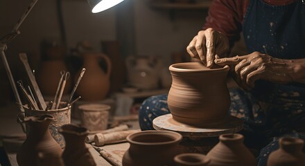 Clay Pot Created on Potter's Wheel with Hands