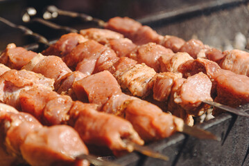 raw shish kebab on skewers on grill, roasting meat, preparing food, close-up view, fried meat, delicious food