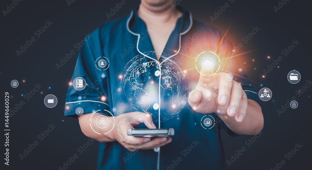 Poster person in pajamas using a smartphone while touching a glowing virtual cloud icon, surrounded by futu