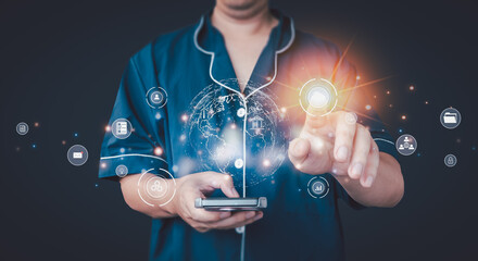 Person in pajamas using a smartphone while touching a glowing virtual cloud icon, surrounded by futuristic icons and a digital globe, symbolizing cloud technology and global connectivity.