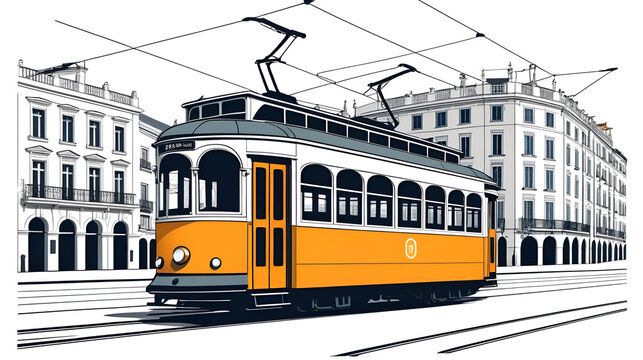 Lisbon city trolley isolated tram trolley flat line icon. Vector urban trolleybus design element. Retro Portugal Turkey train, passengers, people transportation service. Tramway rapid trolley