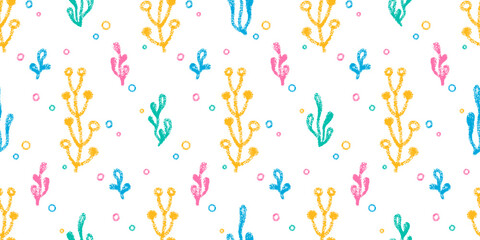 Seamless pattern with sea plants and air bubbles drawn with crayon pencils. Underwater marine reef elements, cute color crayon doodle icons of ocean seaweed on white background. Vector illustration