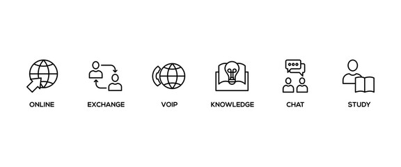 E-learning banner web icon vector illustration concept with icon of online, seminar, exchange, voip, knowledge, chat, study and download