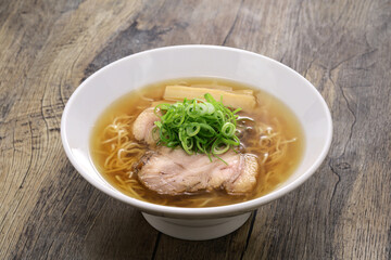 Soy sauce ramen noodles in clear soup, Japanese food