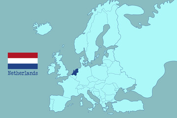 Political Map of Europe Highlighting Netherlands with National Flag and Country Name Emphasized in Bold Blue