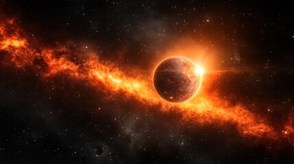 Naklejka premium Fiery Celestial Dance: A Planet's fiery embrace with a nebula