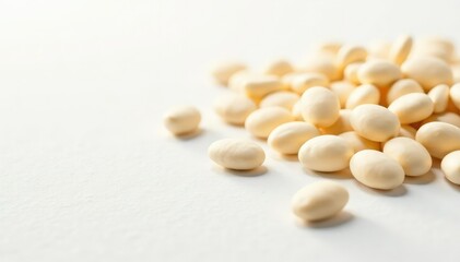 Scattered white beans on pristine white background, minimalist, photography
