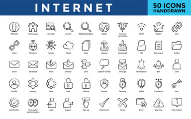 Internet icons set with website, homepage, browser, search, magnifying glass, globe, internet connection, wi-fi, router, link icon. Simple handdrawn vector 
