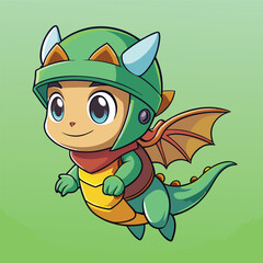 Fototapeta premium A cute, cartoonish dragon character with a green body, wearing a green helmet adorned with blue horns