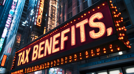 A vibrant sign displaying the words "TAX BENEFITS," set against a backdrop of modern city buildings.