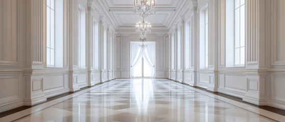 Elegant Hotel Hallway – Coffered Ceiling and Chandelier Luxury Interior