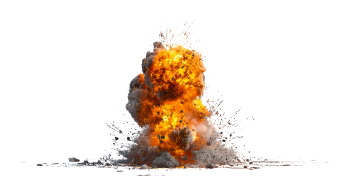 Dynamic explosion with fiery flames and smoke on a transparent PNG background. Ideal for action scenes, gaming visuals, and special effects, trending in cinematic design.