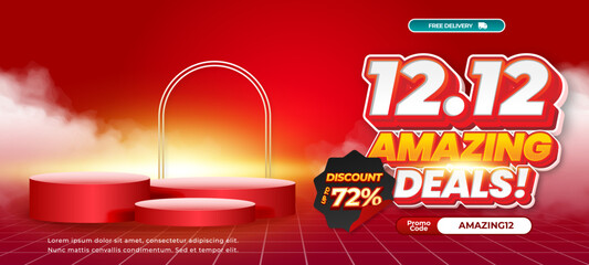 12.12 Amazing discount deals Sale Dynamic Red gradient Editable text effect Showcase Podium Cloudy style Horizontal Promotion banner Template