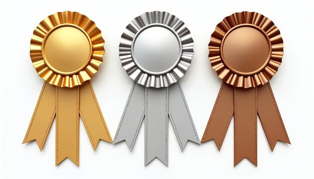 Gold silver bronze award ribbons on white. Represents first second third place achievements in competition. Metallic prize ribbons for winners, champions, celebrate success. Award ceremony background.