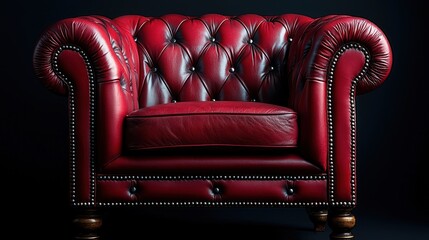 Quilted, comfy red leather armchair on black backdrop