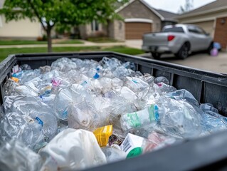 A close-up view of a dumpster filled with plastic waste, highlighting the issue of recycling and waste management in a suburban setting.