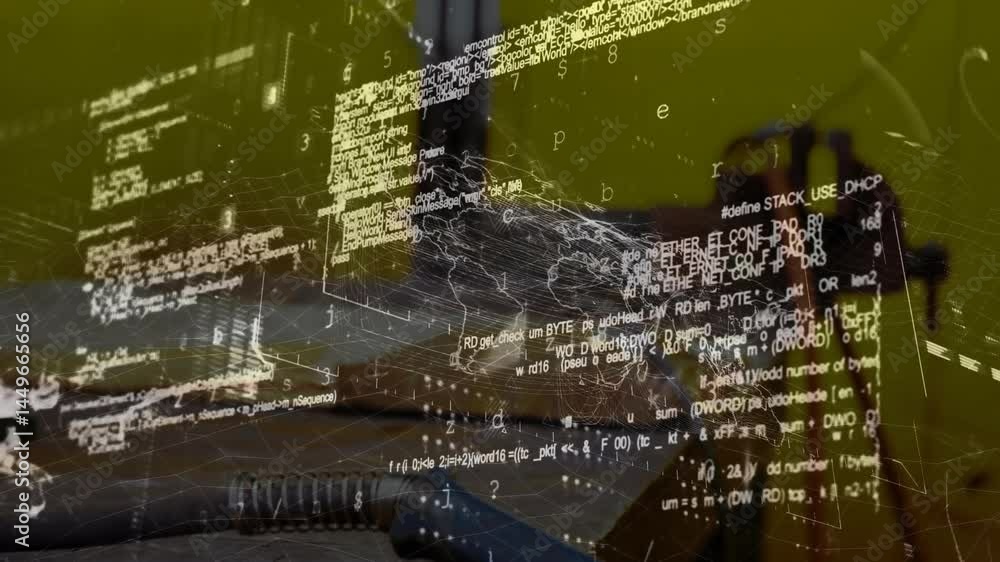 Aufkleber floating code overlay and wireframe mesh grid hovering over desk surface with phone in 3d render