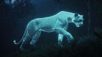 White lioness prowling moonlit forest, mystical night scene