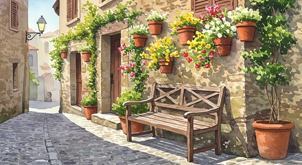 Fototapeta premium Colorful watercolor painting of a quiet narrow street in an old town with cobblestones, buildings and flowers