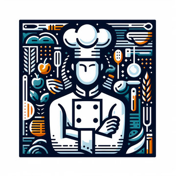 Insignia cuadrada de chef y elementos de cocina