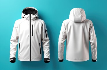 White ski jacket mockup front back view. Cyan background. Lightweight outdoor winter clothes design for advertising selling in shop. Sport apparel for cold weather. Illustration of winter fashion.