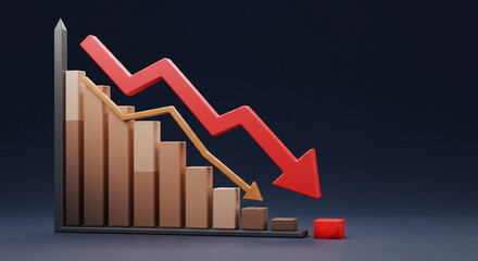 Dramatic downturn illustrated by bar graph with descending arrow symbols