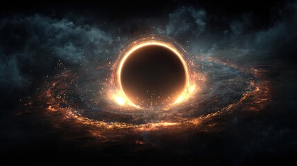 Obraz premium A mesmerizing depiction of a black hole, its fiery ring contrasting against the dark expanse of space. A cosmic marvel.