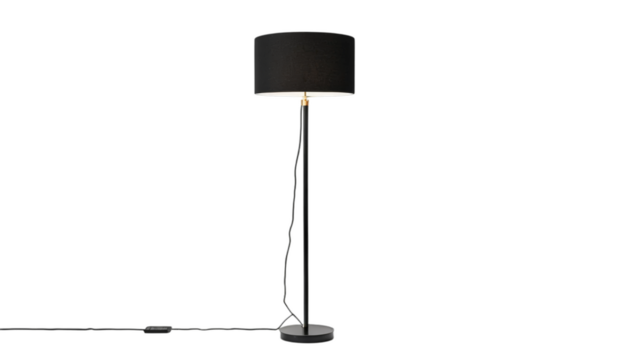 A modern standing floor lamp with a minimal design and lampshade, providing lighting for living or workspace areas.