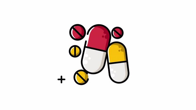 Colorful Capsules Red, Yellow, White Pills in Various Shapes, animation looping video, isolated alpha channel