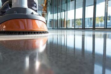 A person is actively cleaning a marble floor surface using a machine