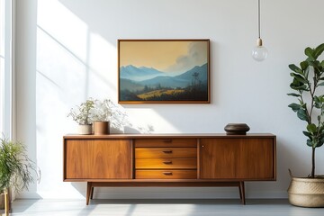 Serene mountain landscape painting adorns a mid century modern sideboard bathed in sunlight creating a calming home