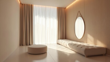 Minimalist bridal suite. Elegant space featuring large dressing mirror, seating. Soft lighting creates calm atmosphere. Interior design for preparations. Luxury hotel room, modern architecture. No