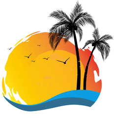 Tropical Sunset Illustration with Palms and Waves